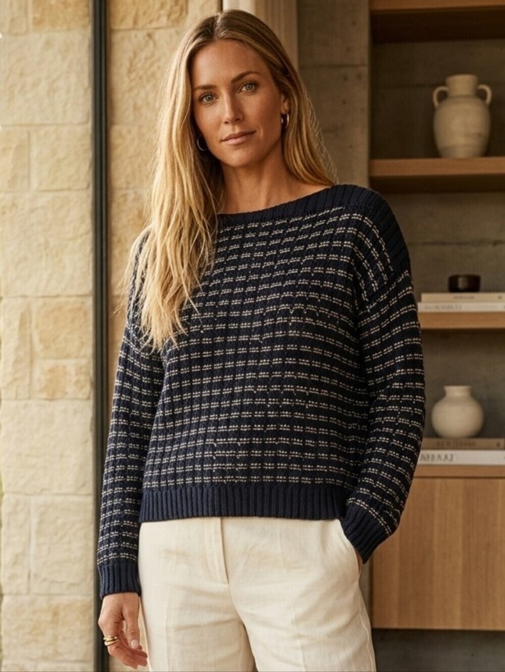 Theory 100% Cotton Crochet Oversized Boxy Knit Sweater Stripe Women Size SP